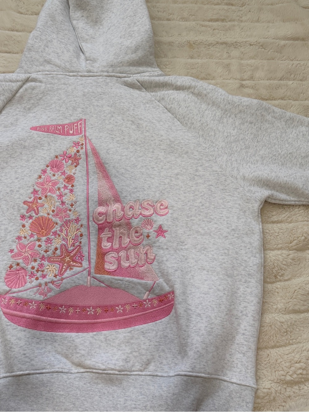 Pink Palm Puff Light Gray Embroidered Hoodie - Picture 5 of 5